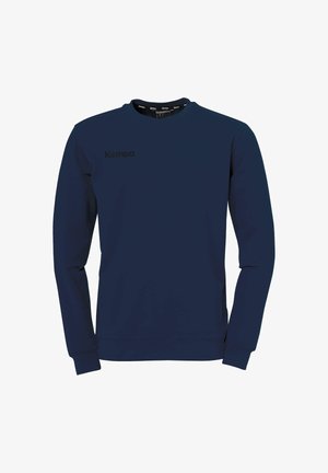 Marineblå langærmet crewneck sweatshirt med ribstrikkede manchetter og søm, prydet med et lille sort "Kempa" logo på venstre bryst.