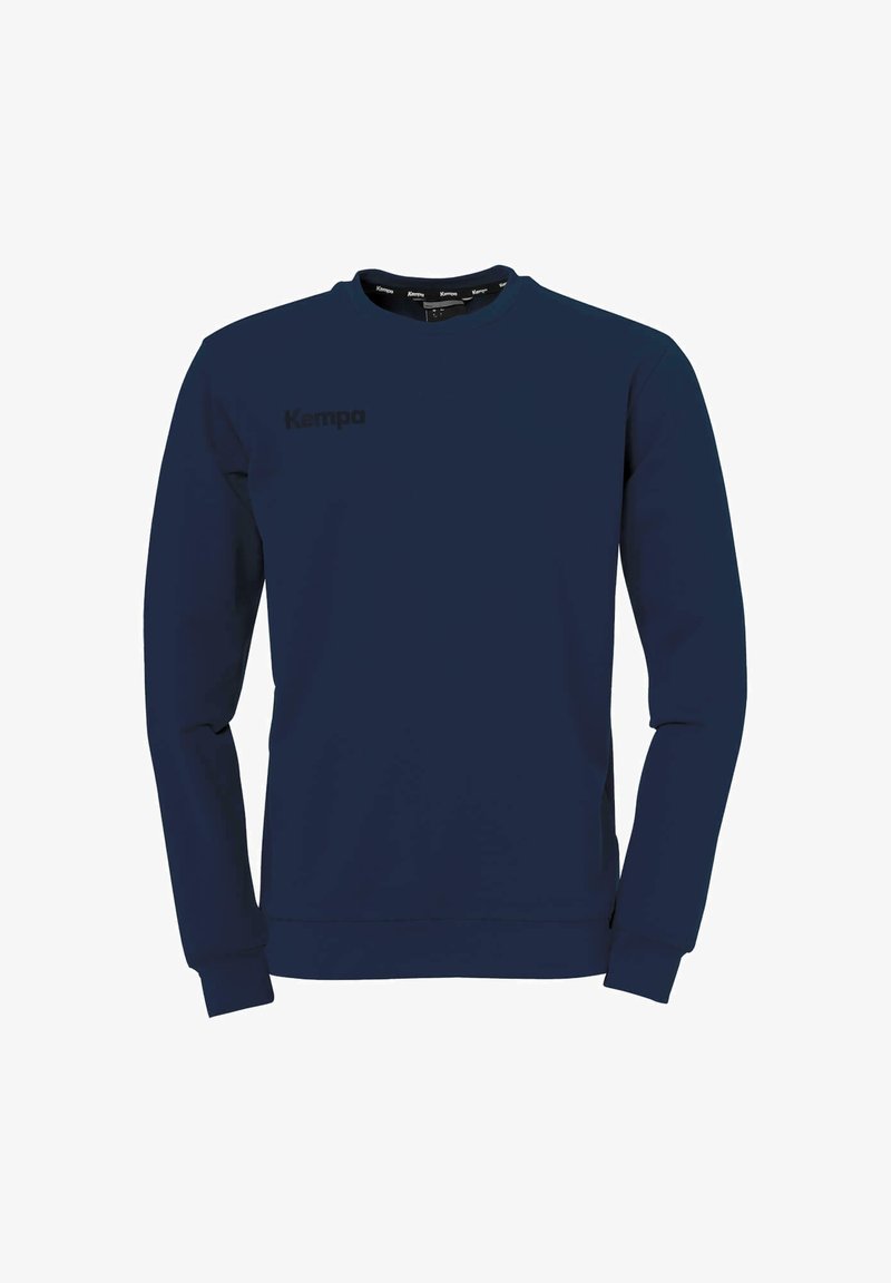 Felpa a maniche lunghe blu navy con collo a giro, dotata di polsini e orlo a coste, con un piccolo logo nero "Kempa" sul lato sinistro del petto.
