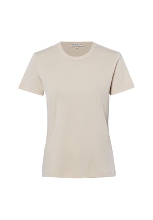 Beżowy T-shirt z krótkim rękawem, z okrągłym dekoltem i prostym dołem, wykonany z miękkiej tkaniny, na jednolitym białym tle.