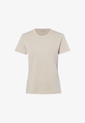 Beige short-sleeve crew neck T-shirt with a straight hem, made of soft fabric, displayed against a plain white background.