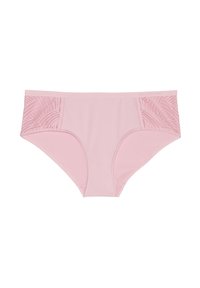 Slip hipster di un morbido rosa con pannelli in pizzo che presentano motivi ondulati sui lati. Texture liscia con una vestibilità comoda.