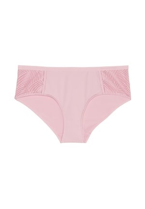 Zachte roze hipsteronderbroek met kanten panelen die golvende patronen aan de zijkanten hebben. Gladde textuur met een comfortabele pasvorm.