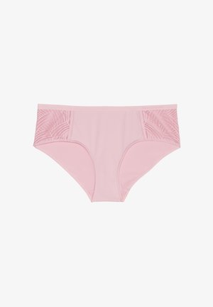 Soft pink hipster underwear with lace panels featuring wavy patterns on the sides. Smooth texture with a comfortable fit.