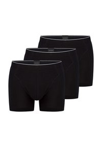 Schwarze Baumwoll-Boxershorts mit taillierter Passform, ausgestattet mit einem kontrastierenden weißen Bund und dezenten Nähten. 3er-Pack.