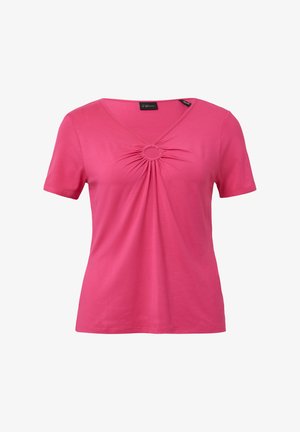 T-shirt rose à manches courtes avec un col en V et des détails froncés au centre. Fabriqué en tissu doux, avec une texture lisse.
