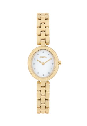 Guldmetal ur med en glat, oval urskive og hvid skive. Har krystal timemarkører og et fleksibelt linksarmbånd. Mærke: BREIL.