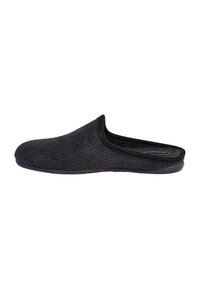 Black slip-on slipper with a ribbed texture, rounded toe, and soft fabric lining. Flat sole provides comfort for indoor use.