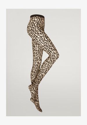 Luipaardprint panty met een beige basis en donkerbruine vlekken, voorzien van een zwarte elastische tailleband en een doorzichtige textuur.