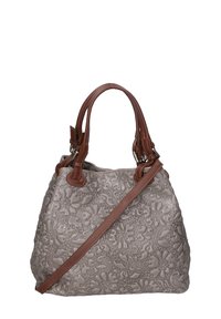 Borsa a mano grigia in rilievo con motivo floreale, manici in pelle marrone e tracolla removibile. Superficie testurizzata e forma strutturata.