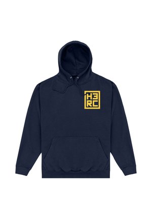 Sudadera con capucha azul marino con bolsillo delantero, capucha con cordón y logo amarillo HERc en la parte superior izquierda del pecho.