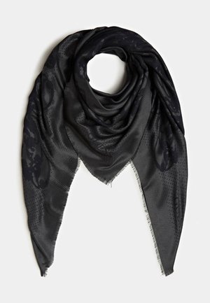Écharpe triangulaire gris foncé avec des motifs floraux noirs subtils et des bords à franges, soigneusement pliée avec une ouverture circulaire au centre.