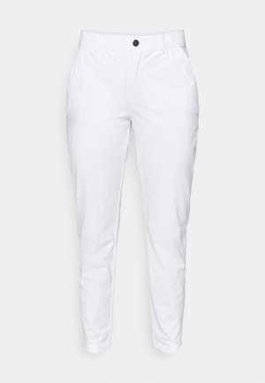 White tapered trousers with a smooth texture, featuring a black button closure and two side pockets. Simple design without patterns.