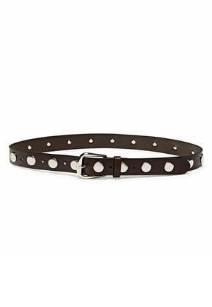 Brown leather belt with light silver studs and a silver metal buckle. Features evenly spaced holes along the length for adjustability.