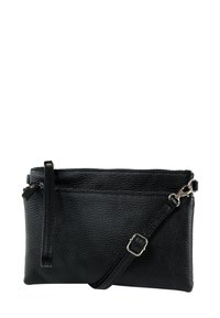 Zwarte leren crossbodytas met een gestructureerd oppervlak, voorzien van een ritssluitingvak, verstelbare band en contrasterende stiksel details.