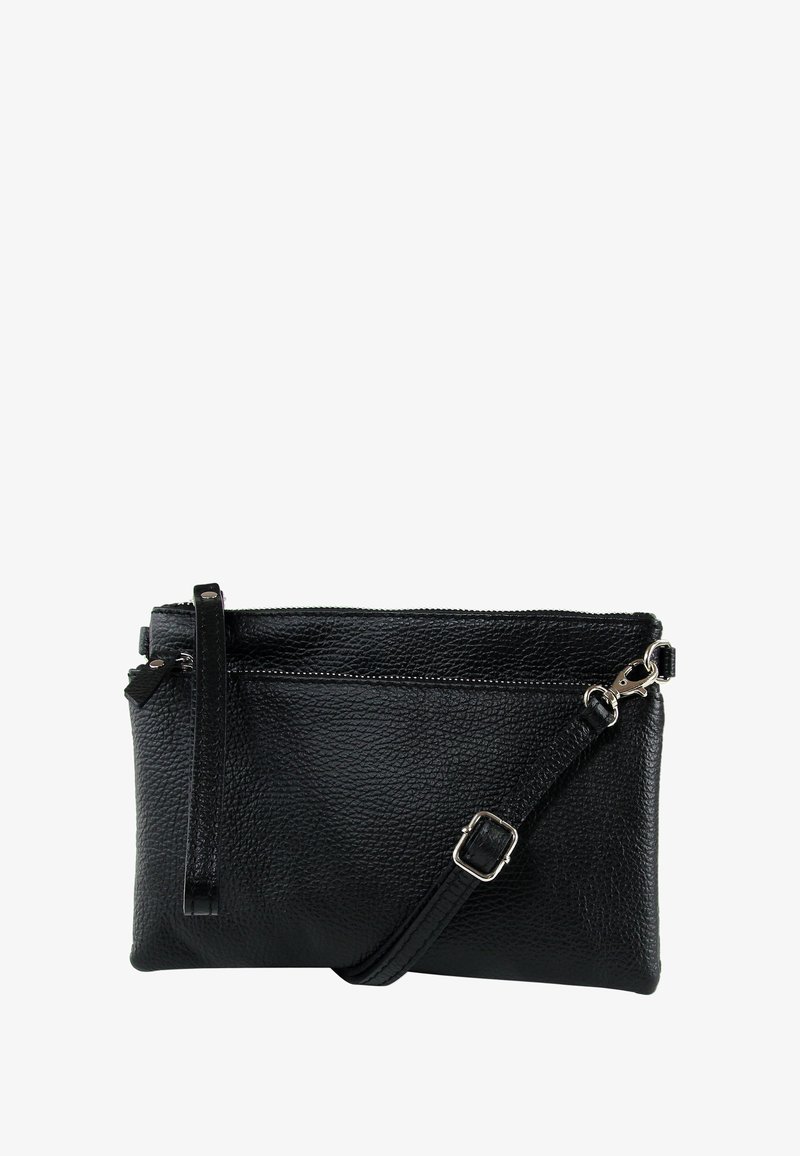 Zwarte leren crossbodytas met een gestructureerd oppervlak, voorzien van een ritssluitingvak, verstelbare band en contrasterende stiksel details.