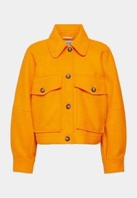 Orange cropped jacket made of wool blend. Features a button-up front, large chest pockets, and a classic collar. Textured, warm fabric.