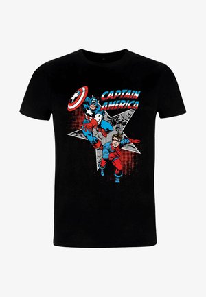 Sort bomulds T-shirt med et grafisk design af to superhelte i blå og rød. Teksten siger "CAPTAIN AMERICA" over de sammenkoblende figurer.