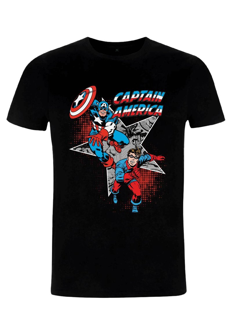 Camiseta negra de algodón con un diseño gráfico de dos superhéroes en azul y rojo. El texto dice "CAPITÁN AMÉRICA" sobre las figuras enlazadas.