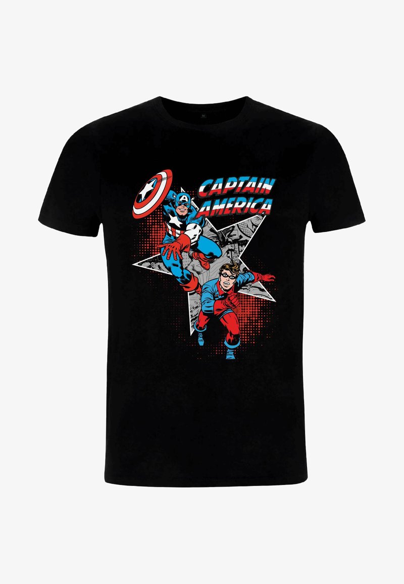 Camiseta negra de algodón con un diseño gráfico de dos superhéroes en azul y rojo. El texto dice "CAPITÁN AMÉRICA" sobre las figuras enlazadas.