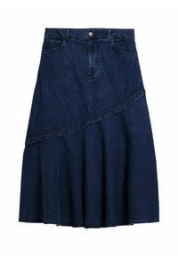 Tummansininen farkkuhame, A-linjaisella siluetilla, jossa on kerrostettu muotoilu ja hillitty, repaleinen helma. Kaksi etutaskua ja metallinappikiinnitys.