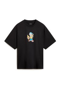 Black cotton t-shirt featuring a colorful skeleton graphic holding a drink, with a relaxed fit and short sleeves.