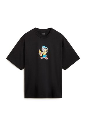 Black cotton t-shirt featuring a colorful skeleton graphic holding a drink, with a relaxed fit and short sleeves.
