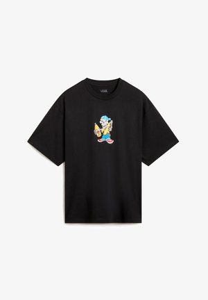 Schwarz Baumwoll-T-Shirt mit einem bunten Skelett-Design, das ein Getränk hält, im entspannten Schnitt und mit kurzen Ärmeln.