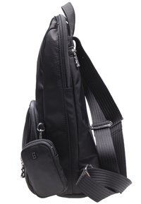 Borsa a tracolla nera in nylon con una texture liscia, dotata di un ampio scomparto principale con zip e una piccola tasca frontale con zip, strap regolabile.
