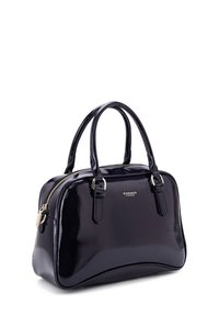 Borsa a tracolla in pelle lucida nera con forma strutturata, doppio manico superiore, hardware color oro e chiusura a zip. Presenta un dettaglio del logo sul fronte.