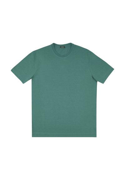 T-shirt in cotone verde con scollatura arrotondata, maniche corte e taglio dritto. Texture liscia, senza motivi o dettagli.