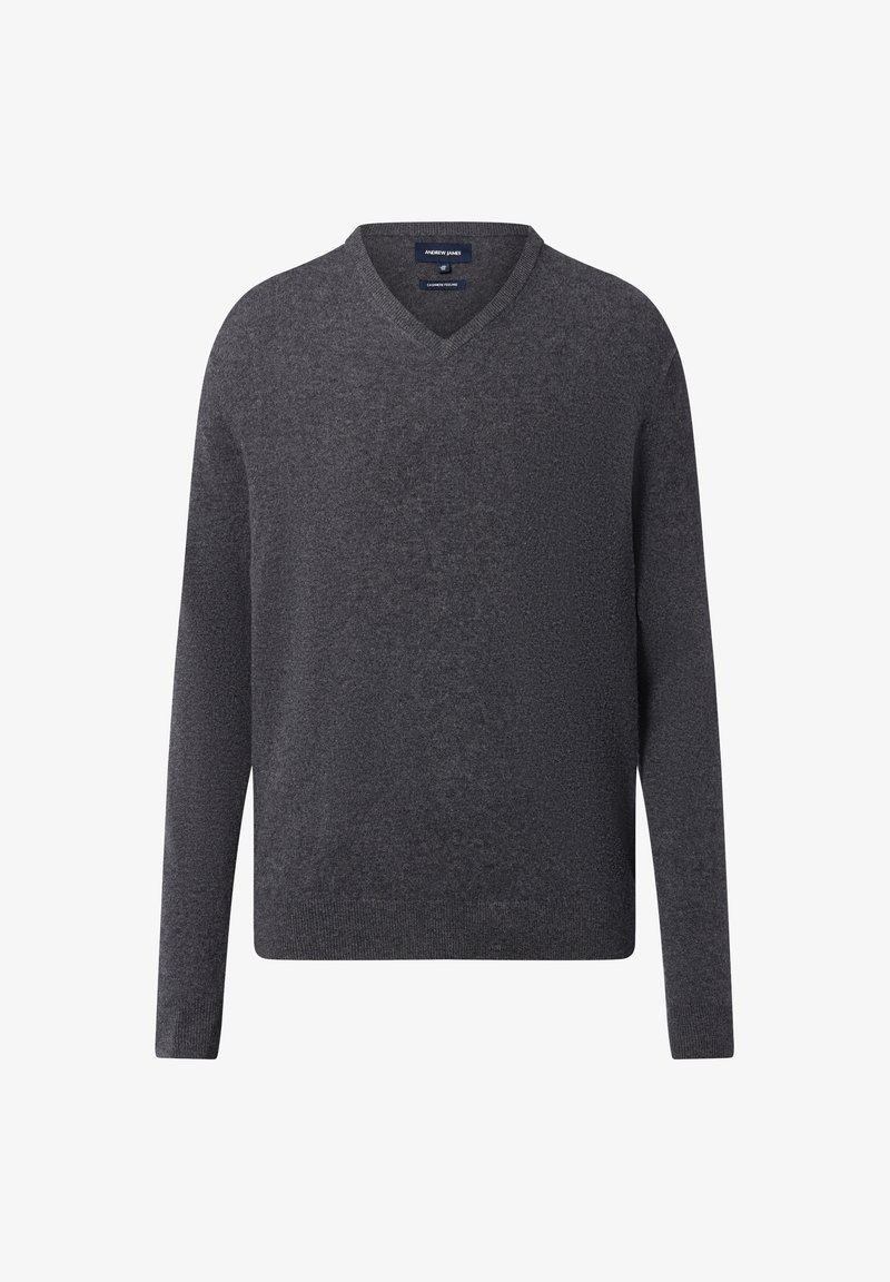 Pull à col en V gris foncé fabriqué dans un matériau doux, doté de manches longues et d'une texture détaillée pour un aspect supplémentaire.