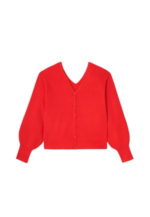 Cardigan rouge à col en V avec manches longues bouffantes et fermeture à boutons sur le devant, en tissu maille fine.