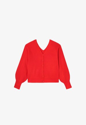Cardigan rouge à col en V avec manches longues bouffantes et fermeture à boutons sur le devant, en tissu maille fine.