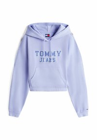 Cappuccio corto di colore viola chiaro con tasca frontale a marsupio e logo "TOMMY JEANS" in un font blu a contrasto. Tessuto morbido.