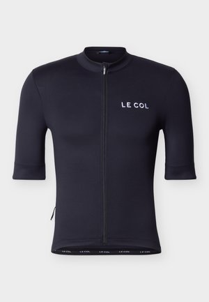 Zwart fietsshirt met korte mouwen, met een ritssluiting aan de voorkant en het logo "LE COL" op de linkerborst en zoom.