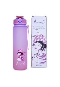 Purple water bottle and packaging featuring a girl with a striped hat and birds, labeled "Anemoss," 1000ml capacity.