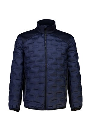 Chaqueta de plumas azul marino con textura acolchada, cuello alto y acentos en los hombros de contraste. Cuenta con cremallera frontal y bolsillos laterales.