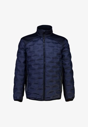 Chaqueta de plumas azul marino con textura acolchada, cuello alto y acentos en los hombros de contraste. Cuenta con cremallera frontal y bolsillos laterales.