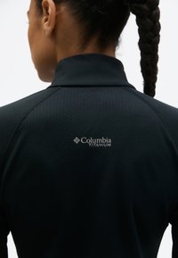 Osoba s pletenicama koja nosi crnu Columbia Titanium jaknu, prikazana s leđa na bijeloj pozadini.