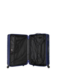 Navy blue hard-shell suitcase with a zip closure, interior mesh pocket, cross straps, and four spinner wheels. Lined with black fabric.