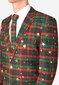 Rot-grün kariertes Sakko mit goldenen Sternelementen, mit Einschlagkragen und passender Krawatte, glattem Stoff und einem einzigen Knopfverschluss.