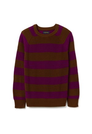 Pull rayé marron et violet avec un col rond, tricot texturé et poignet et ourlet côtelés. Étiquette de marque "PIOMBO" à l'intérieur.
