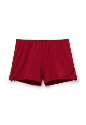Röda bomullsshorts med elastisk midja, med spetsdetaljer på de nedre sidorna, slät textur och rak skärning.