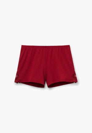 Röda bomullsshorts med elastisk midja, med spetsdetaljer på de nedre sidorna, slät textur och rak skärning.