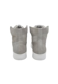 Gray suede high-top sneakers with structured back, white rubber sole, and subtle stitching details. Lined interior with branding visible.