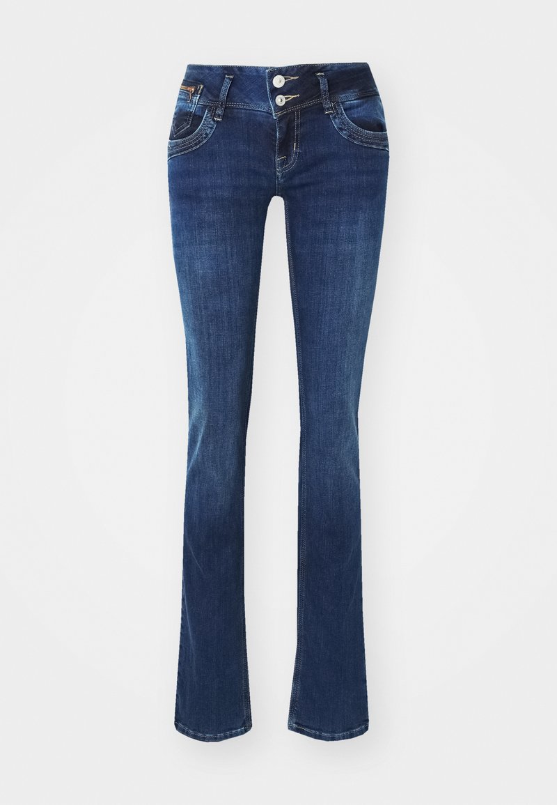 Dunkelblaue, ausgestellt geschnittene Jeans aus Denim mit einem geknöpften Bund, fünf Taschen und kontrastierenden Nähten. Besitzt eine weiche, glatte Textur.