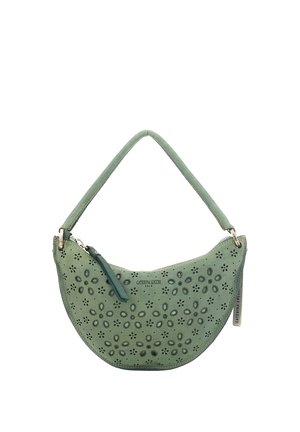 Borsa in pelle verde con forma a mezzaluna, intagli floreali, tracolla corta e cerniera decorativa.