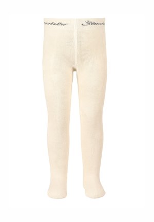 Beige Strickstrumpfhose mit strukturierter Oberfläche, versehen mit einem dekorativen Bund, auf dem das Wort "Stendal" in grauer Schrift prangt.