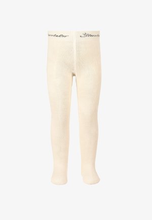 Beige Strickstrumpfhose mit strukturierter Oberfläche, versehen mit einem dekorativen Bund, auf dem das Wort "Stendal" in grauer Schrift prangt.