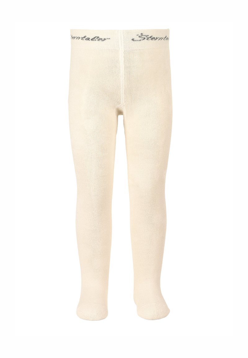 Beige Strickstrumpfhose mit strukturierter Oberfläche, versehen mit einem dekorativen Bund, auf dem das Wort "Stendal" in grauer Schrift prangt.